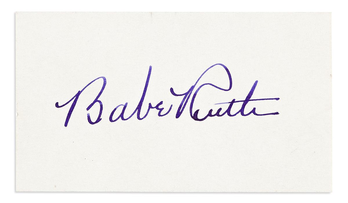 RUTH, BABE. Signature on a small card, in purple ink.